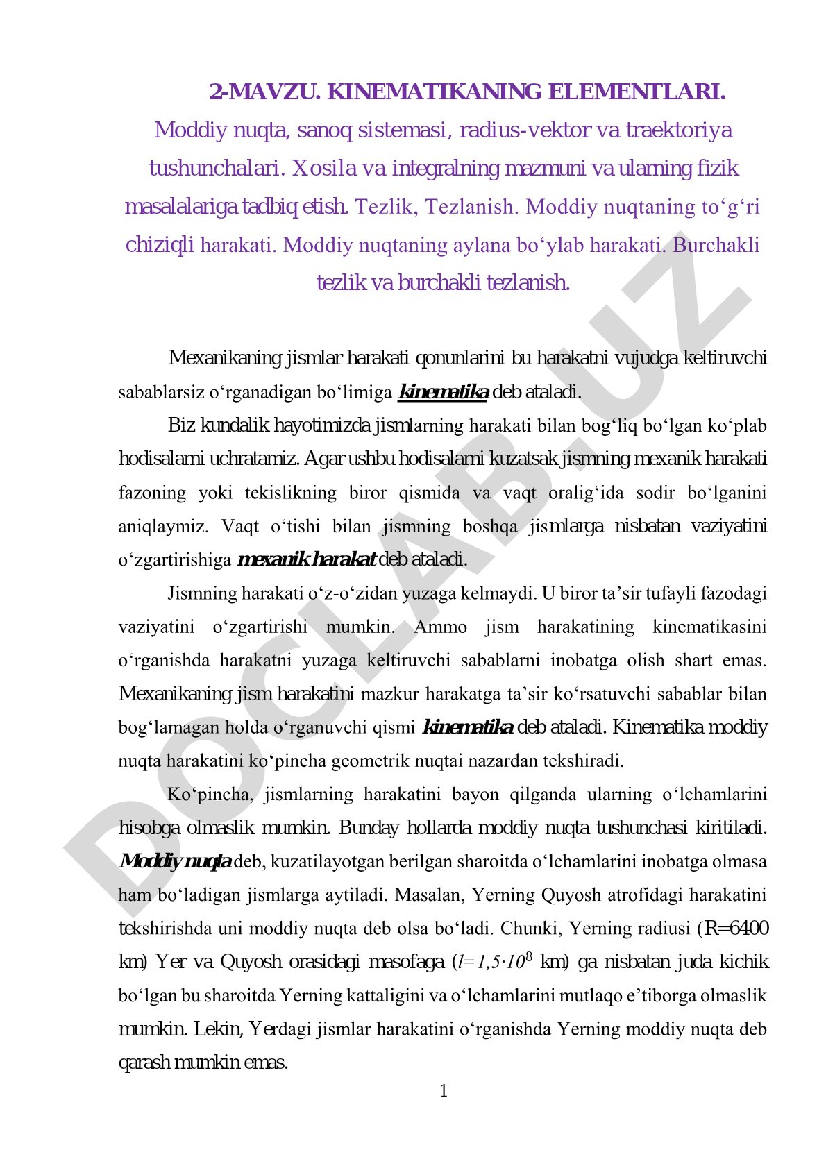 Kinematikaning elementlari