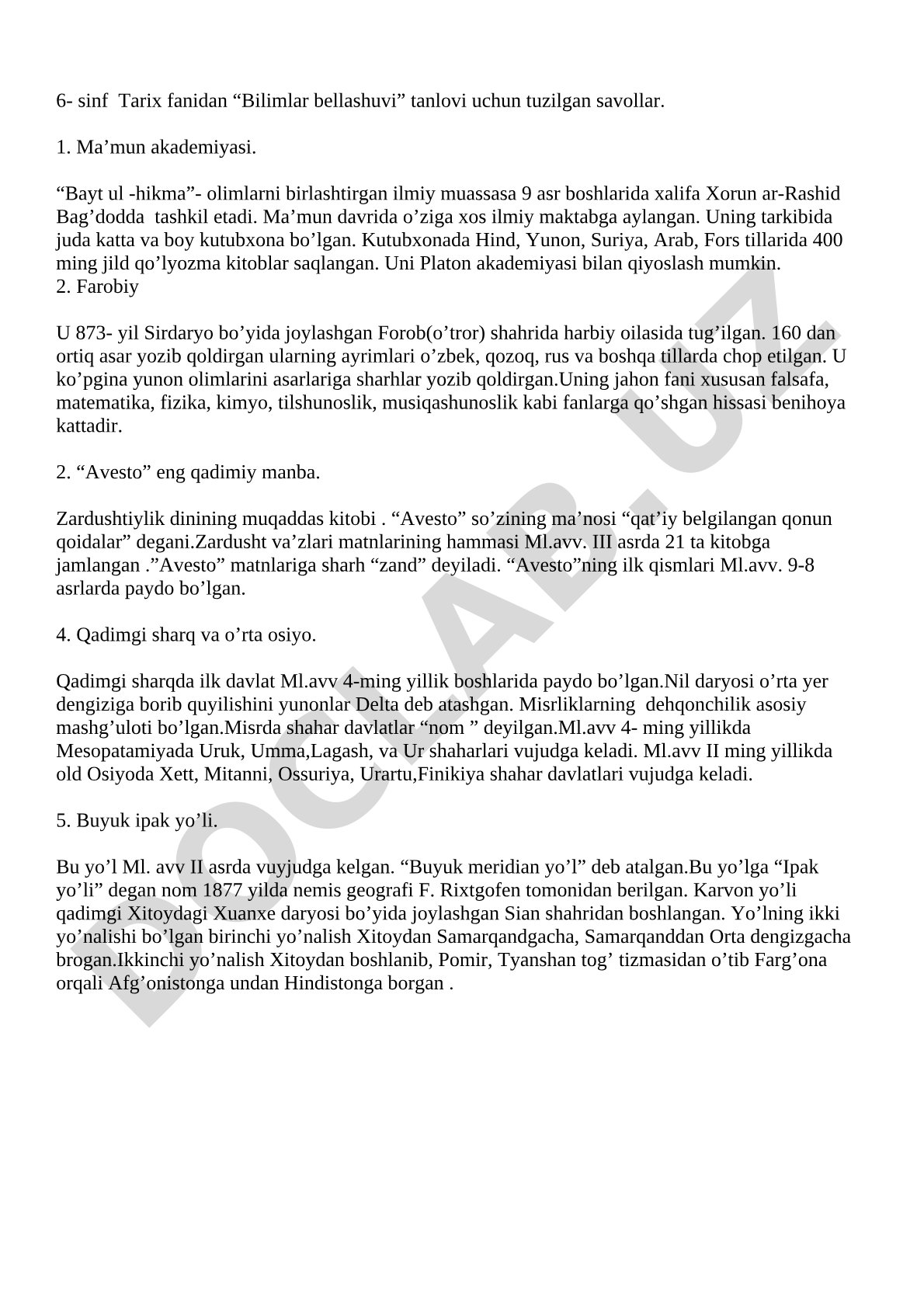 6-sinf tarix fanidan bilimlar bellashuvi savollari