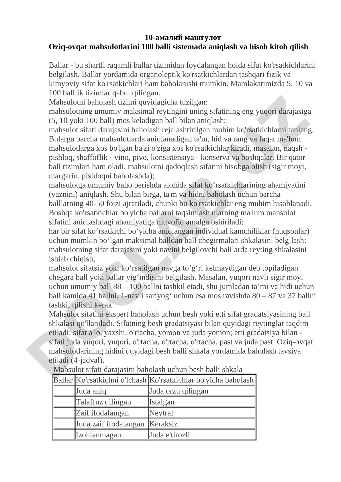 Oziq-ovqat mahsulotlarini 100 balli sistemada aniqlash va hisob kitob qilish