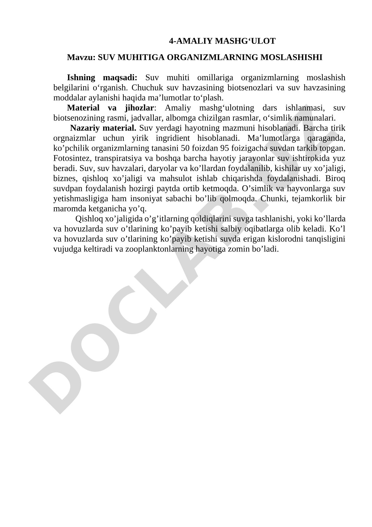 Suv muhitiga organizmlarning moslashishi