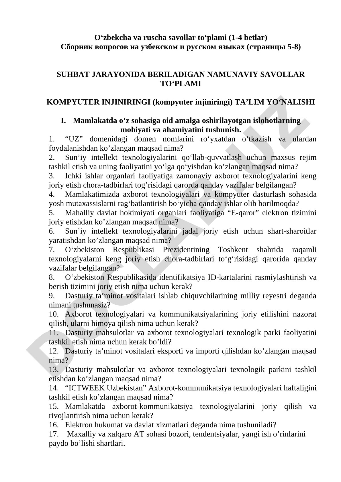 Kompyuter injiniringi yo‘nalishi suhbat savollari to‘plami