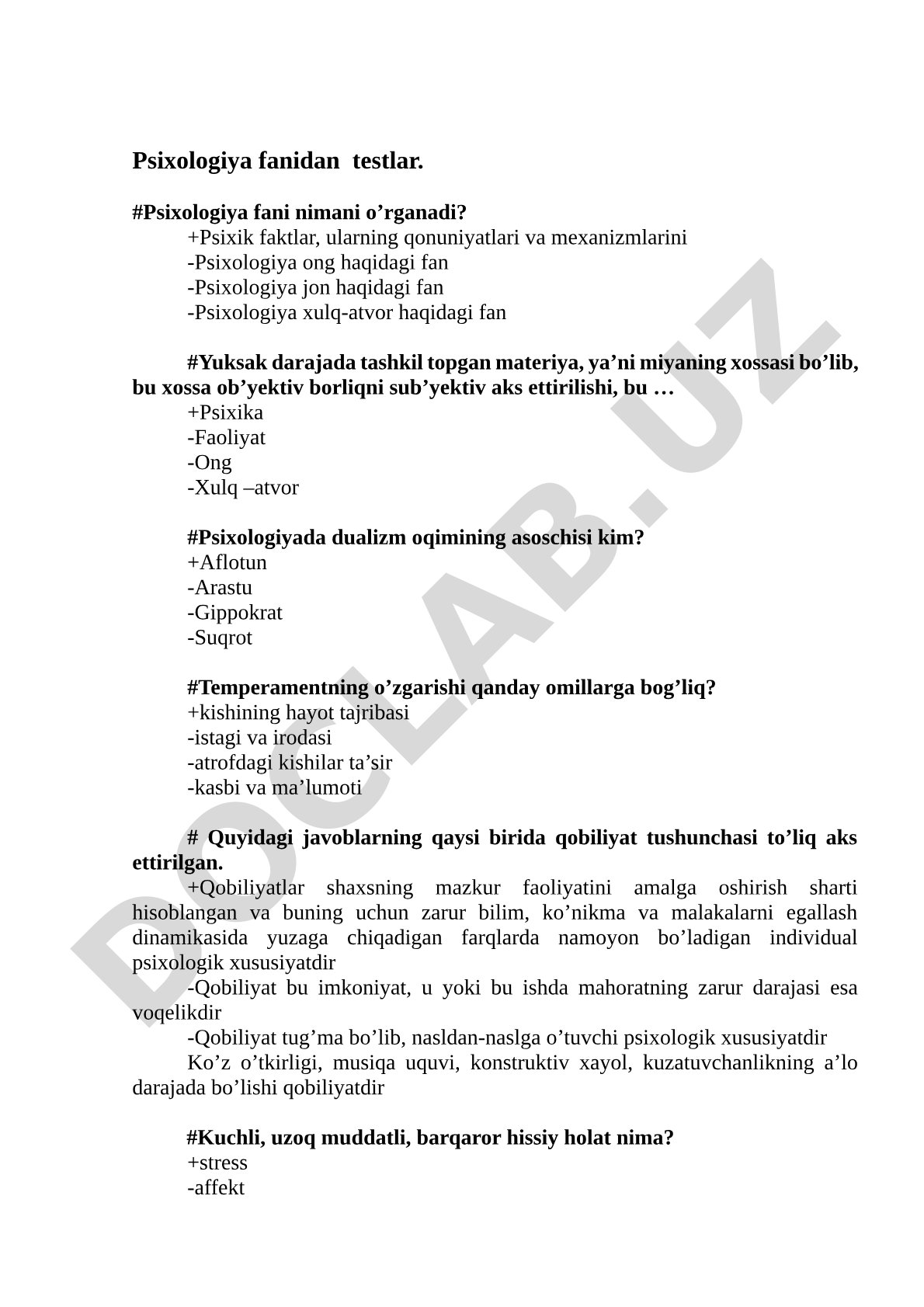Psixologiya fanidan testlar