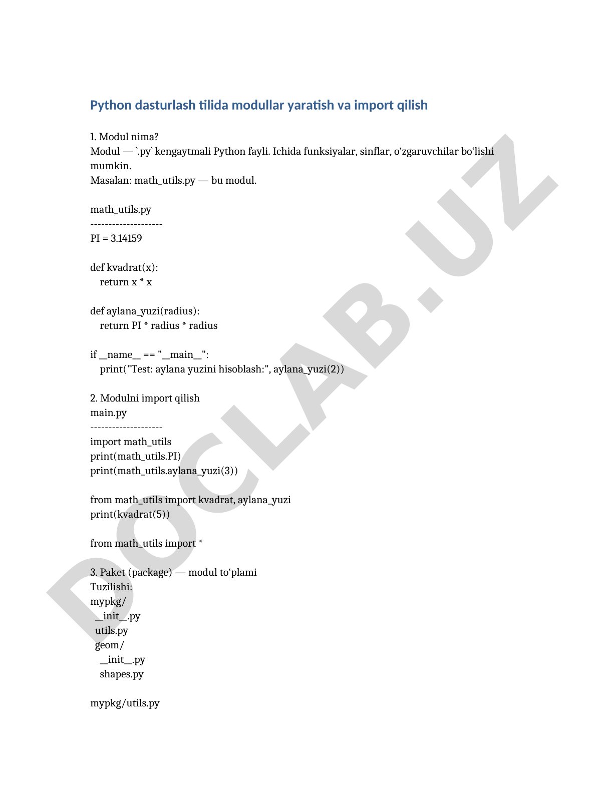 Python dasturlash tilida modullar yaratish va import qilish