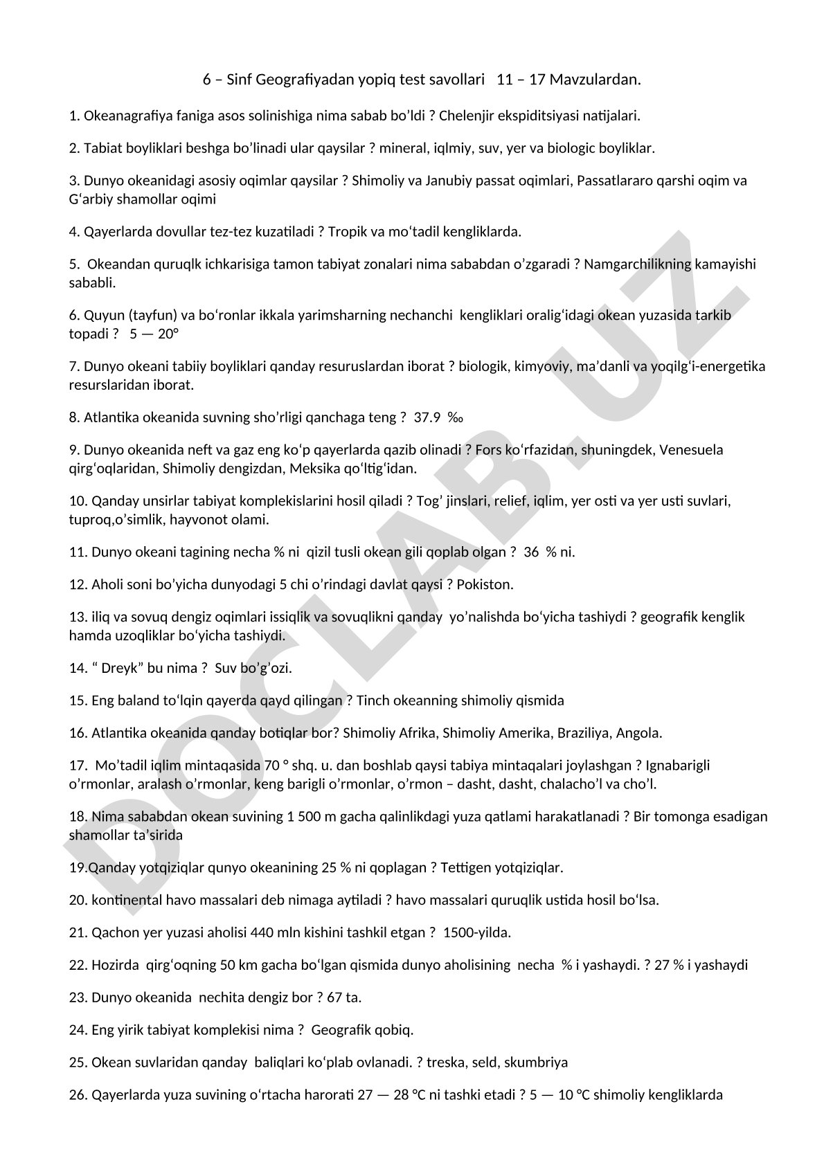 6 – Sinf Geografiyadan yopiq test savollari 11 – 17 Mavzulardan.