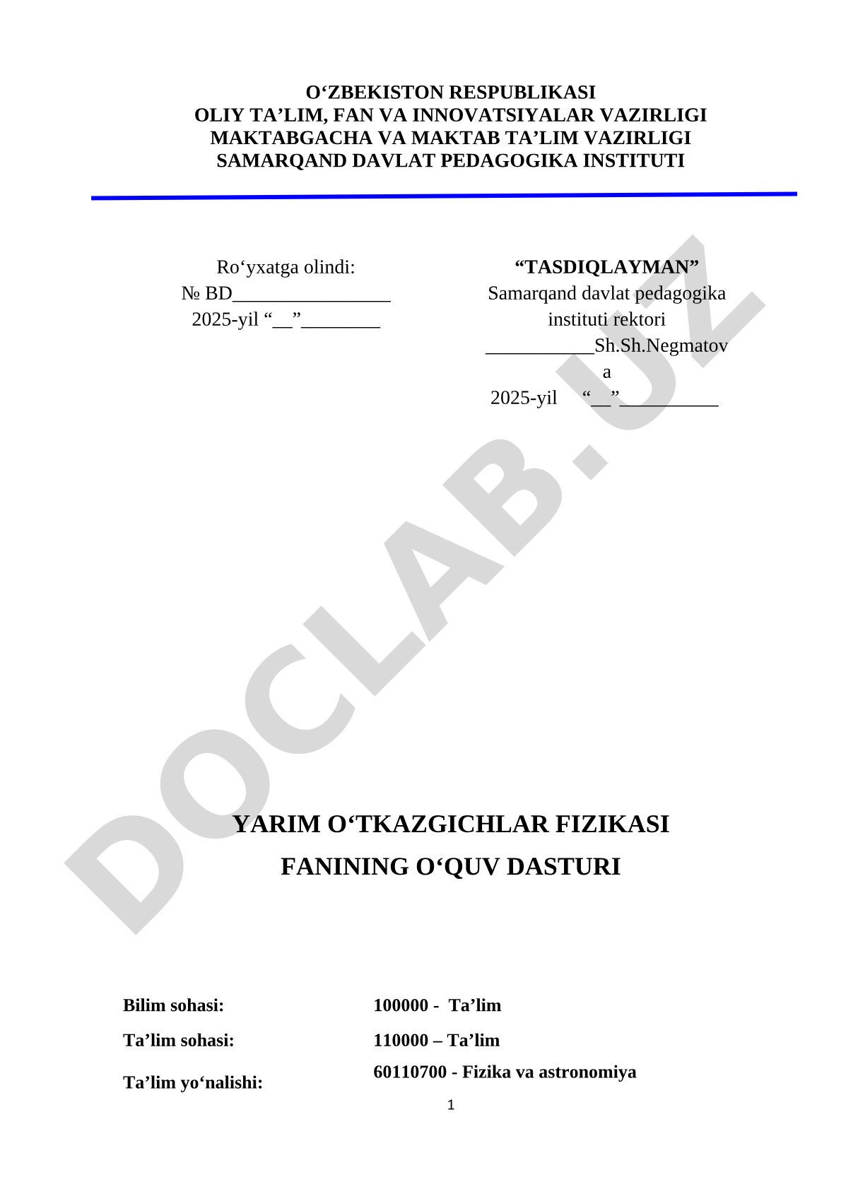 Yarim oʻtkazgichlar fizikasi fanining oʻquv dasturi