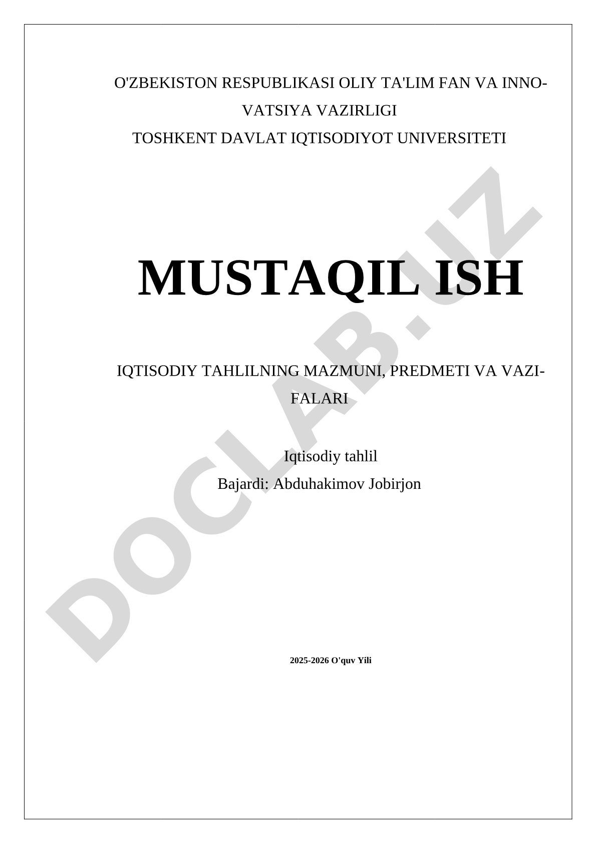 Iqtisodiy tahlilning mazmuni, predmeti va vazifalari