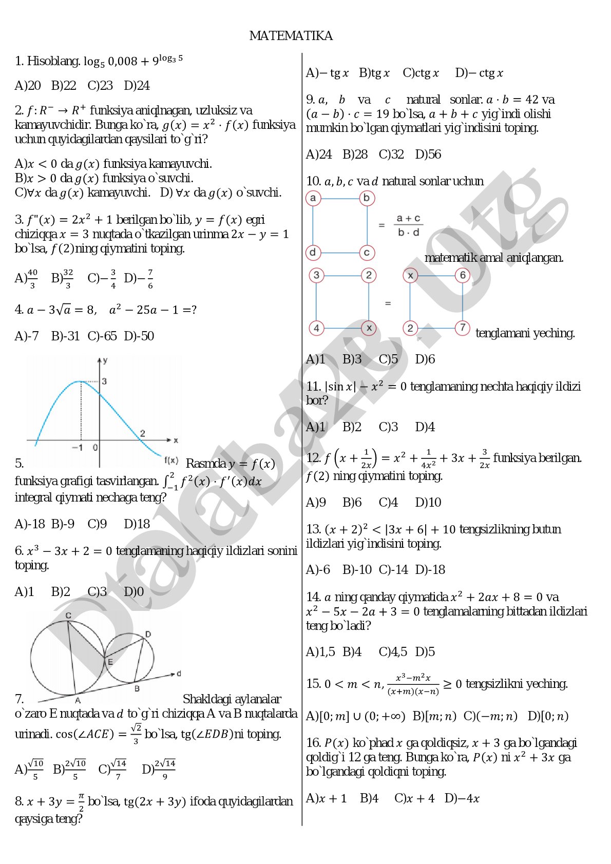 Matematika fanidan test savollari