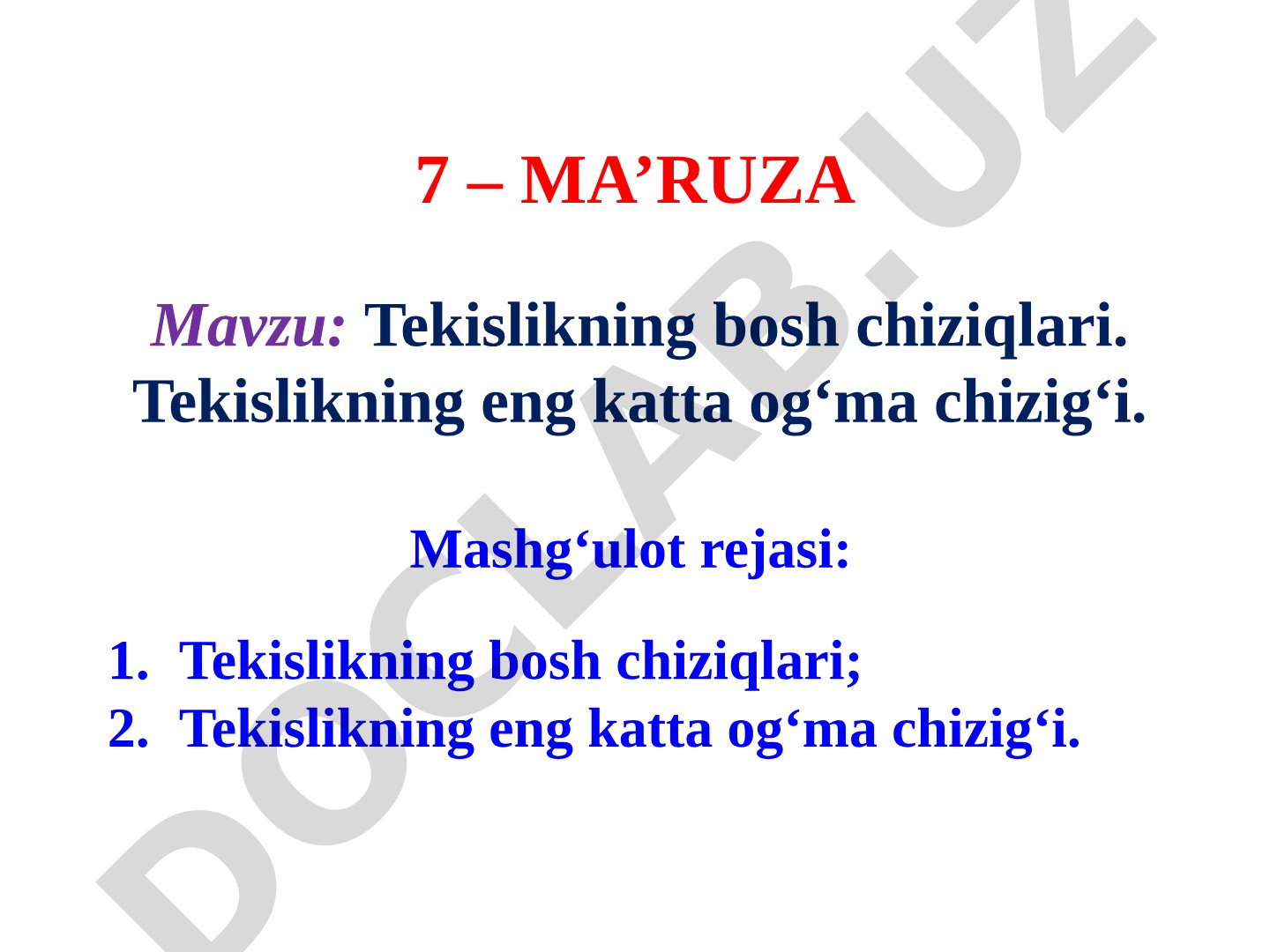 Tekislikning bosh chiziqlari. Tekislikning eng katta og'ma chizig'i