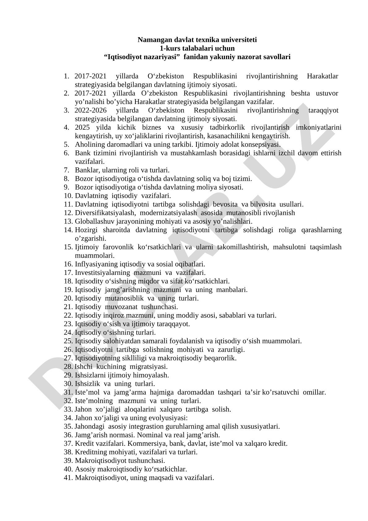 Namangan davlat texnika universiteti 1-kurs talabalari uchun “Iqtisodiyot nazariyasi” fanidan yakuniy nazorat savollari