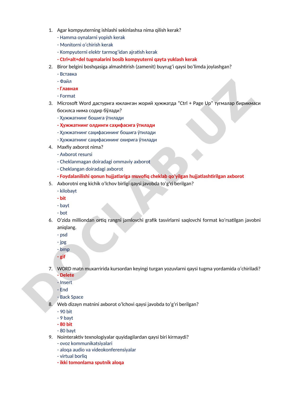 Informatika fanidan test savollari