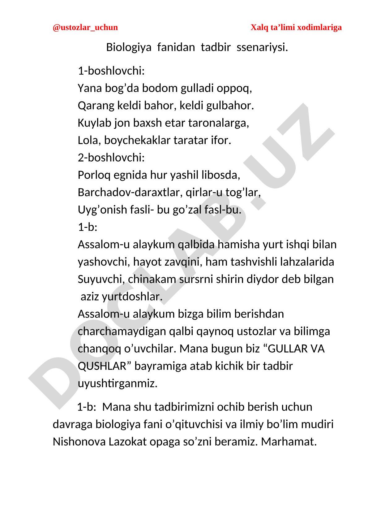 Gullar va qushlar bayrami tadbir ssenariysi