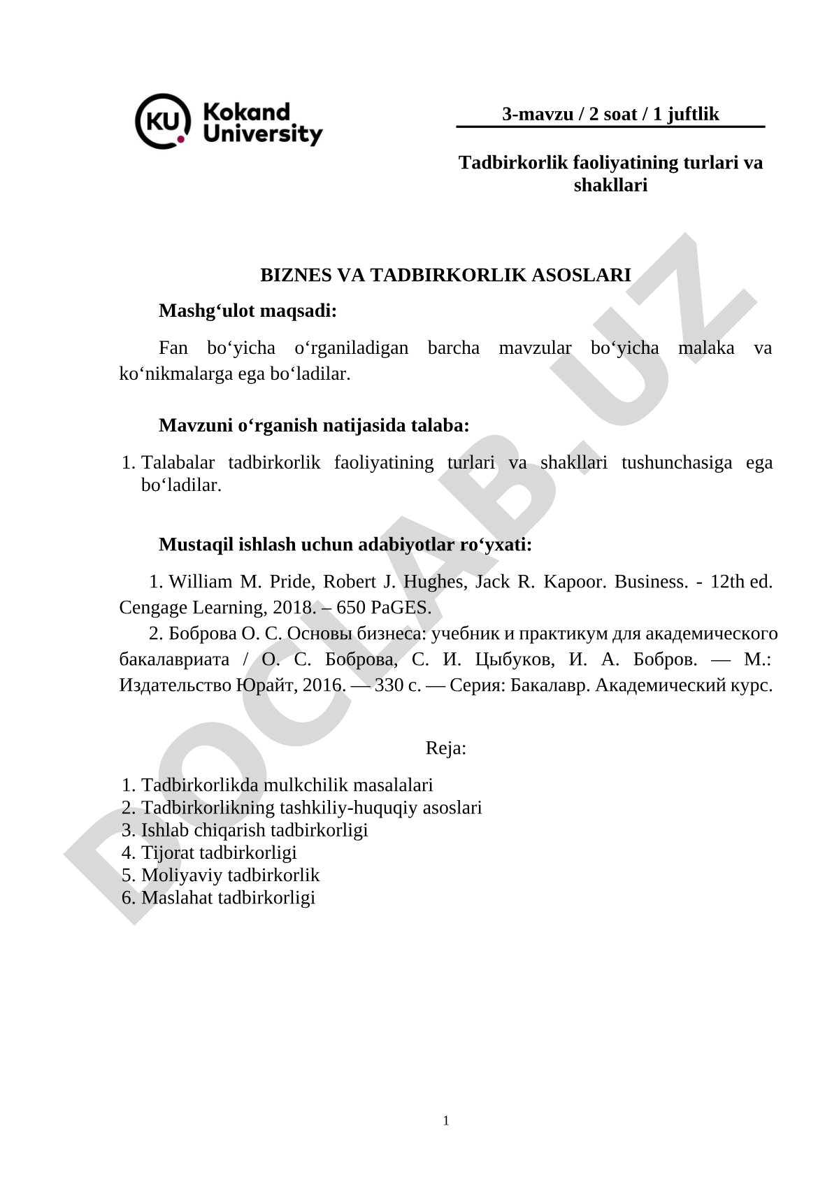 Tadbirkorlik faoliyatining turlari va shakllari