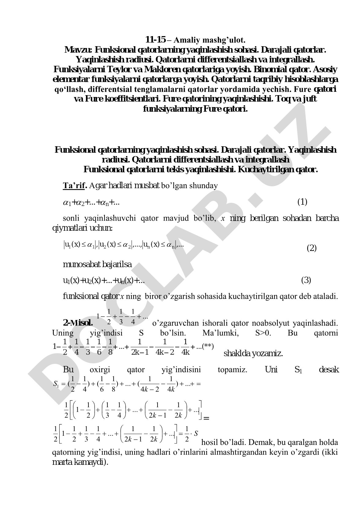 Funksional qatorlarning yaqinlashish sohasi