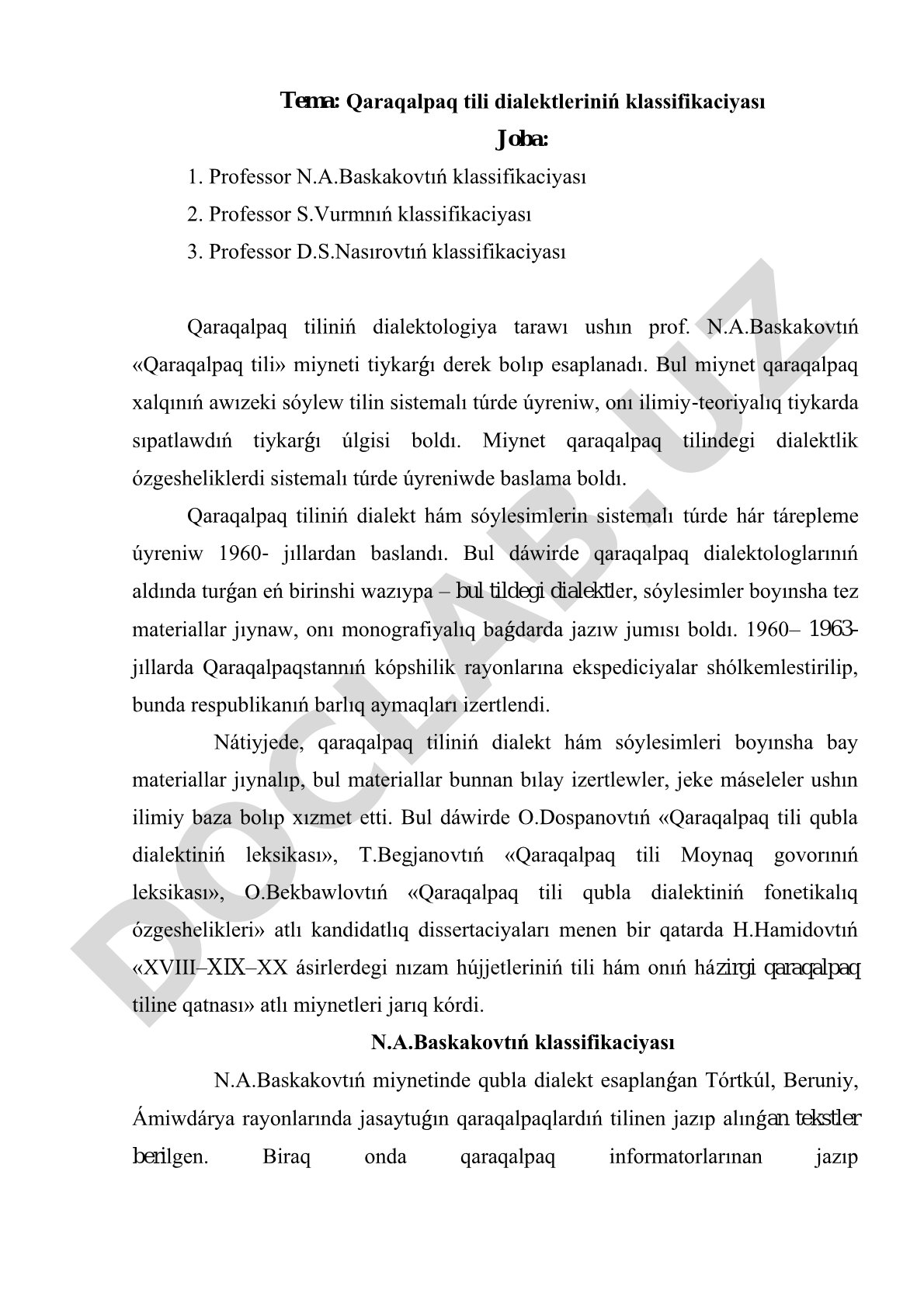 Qaraqalpaq tili dialektleriniń klassifikaciyası