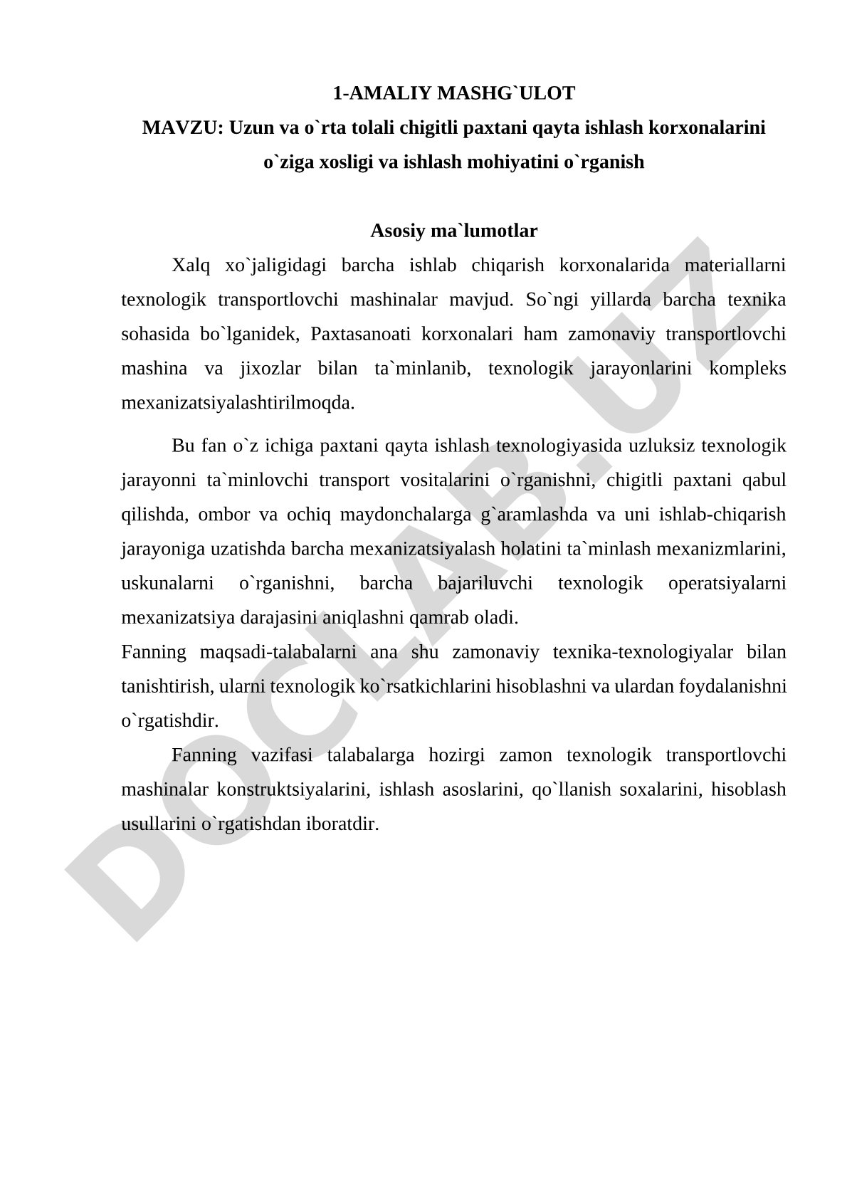Uzun va o'rta tolali chigitli paxtani qayta ishlash korxonalarining o'ziga xosligi va ishlash mohiyati