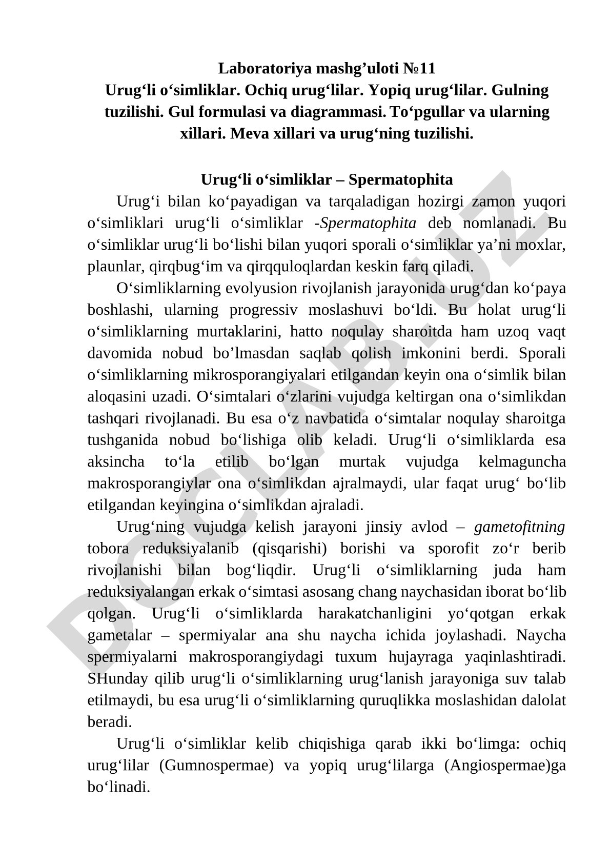 Urug'li o'simliklar. Ochiq urug'lilar. Yopiq urug'lilar. Gulning tuzilishi. Gul formulasi va diagrammasi. To'pgullar va ularning xillari. Meva xillari va urug'ning tuzilishi