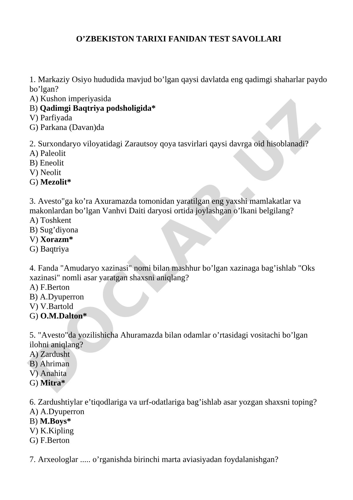 O'zbekiston tarixi fanidan test savollari