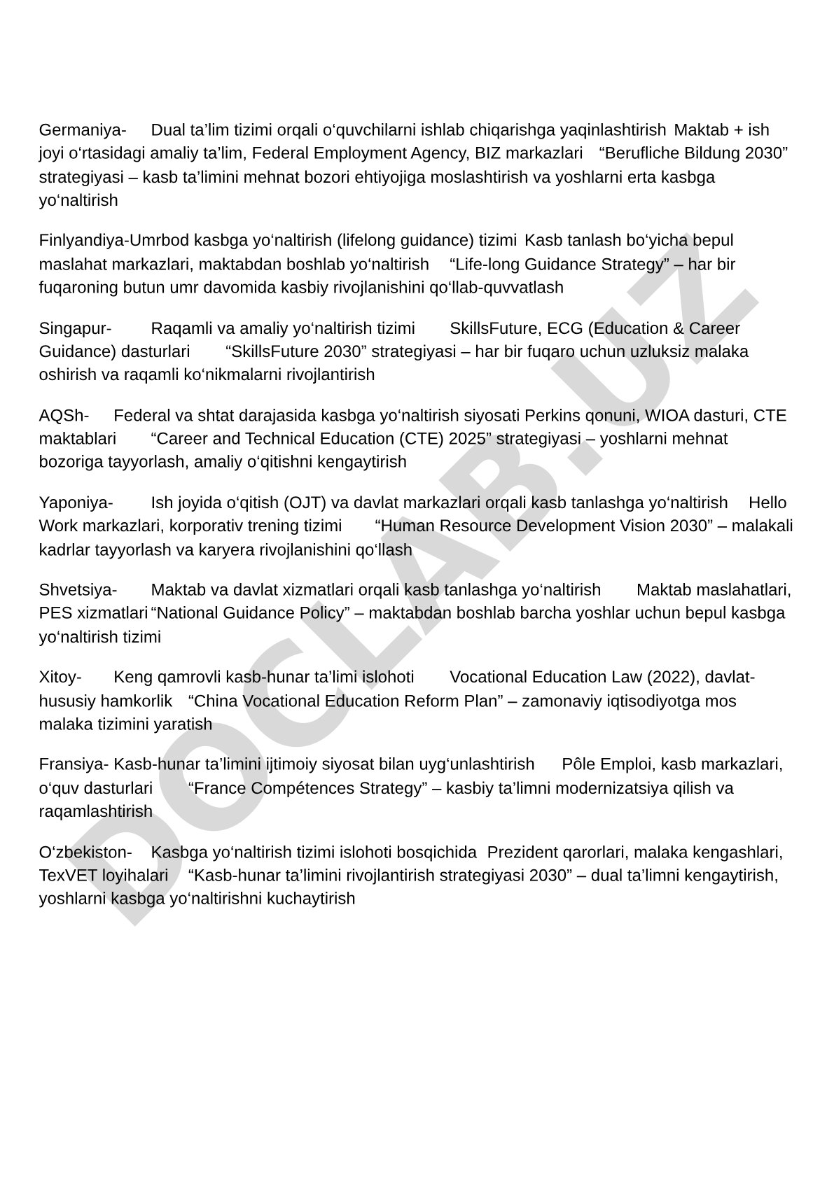 Xorijiy mamlakatlarda kasbga yo'naltirish tizimlari