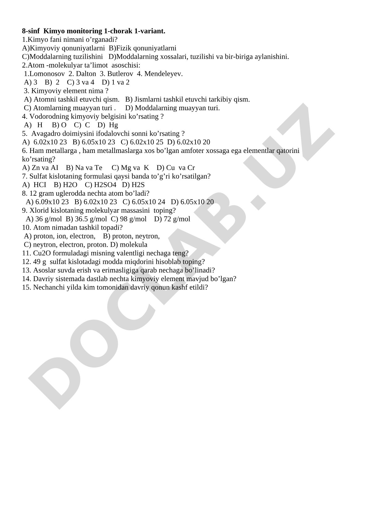 8-sinf Kimyo monitoring 1-chorak 1-variant
