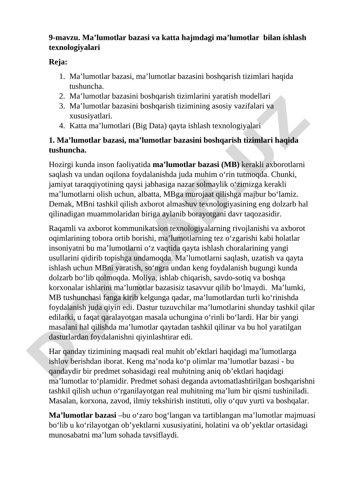 Ma’lumotlar bazasi va katta hajmdagi ma’lumotlar bilan ishlash texnologiyalari
