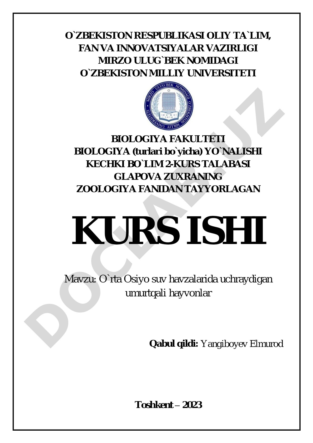 O`rta Osiyo suv havzalarida uchraydigan umurtqali hayvonlar