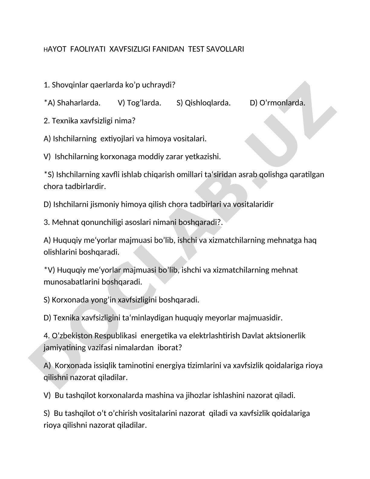 Hayot faoliyati xavfsizligi fanidan test savollari