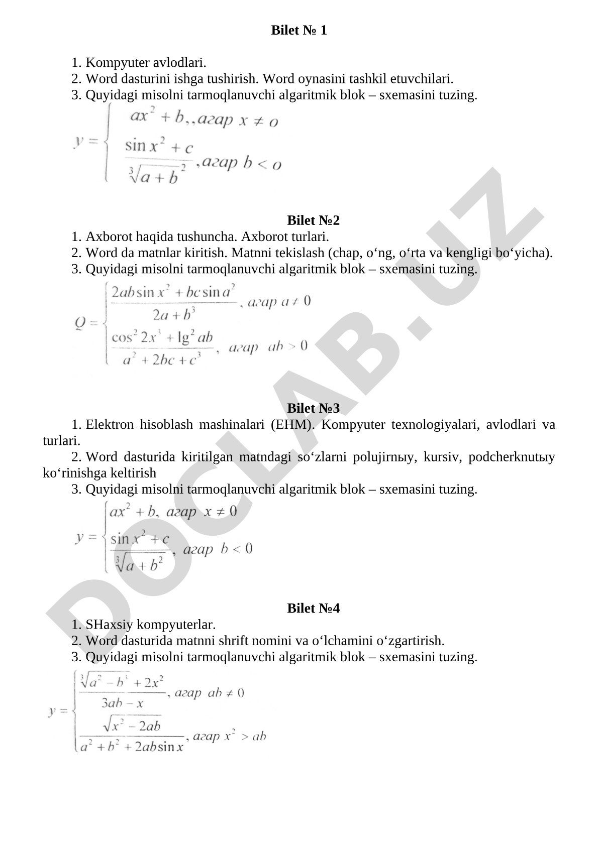 Informatika fanidan imtihon biletlari