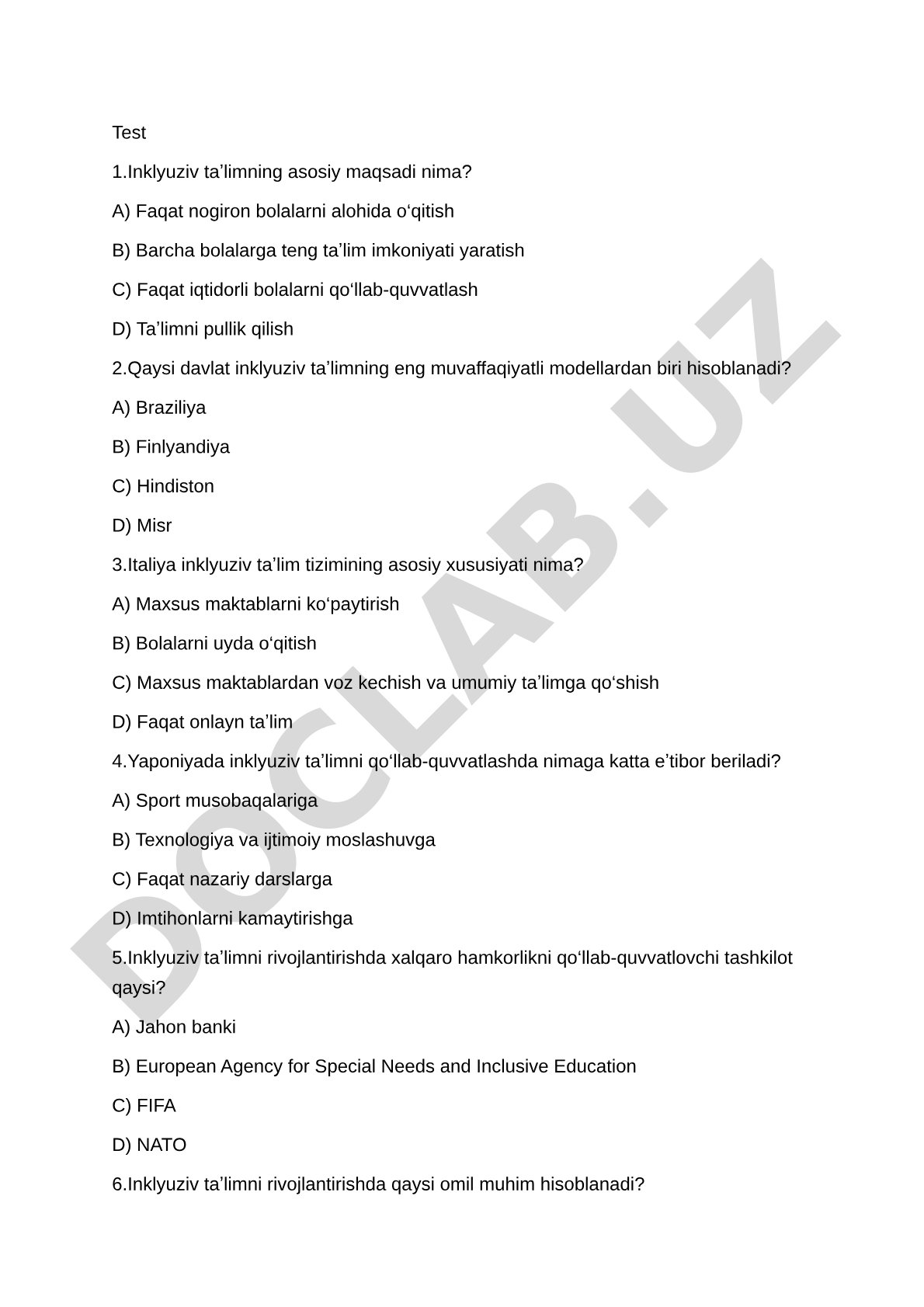 Inklyuziv ta'lim bo'yicha test savollari