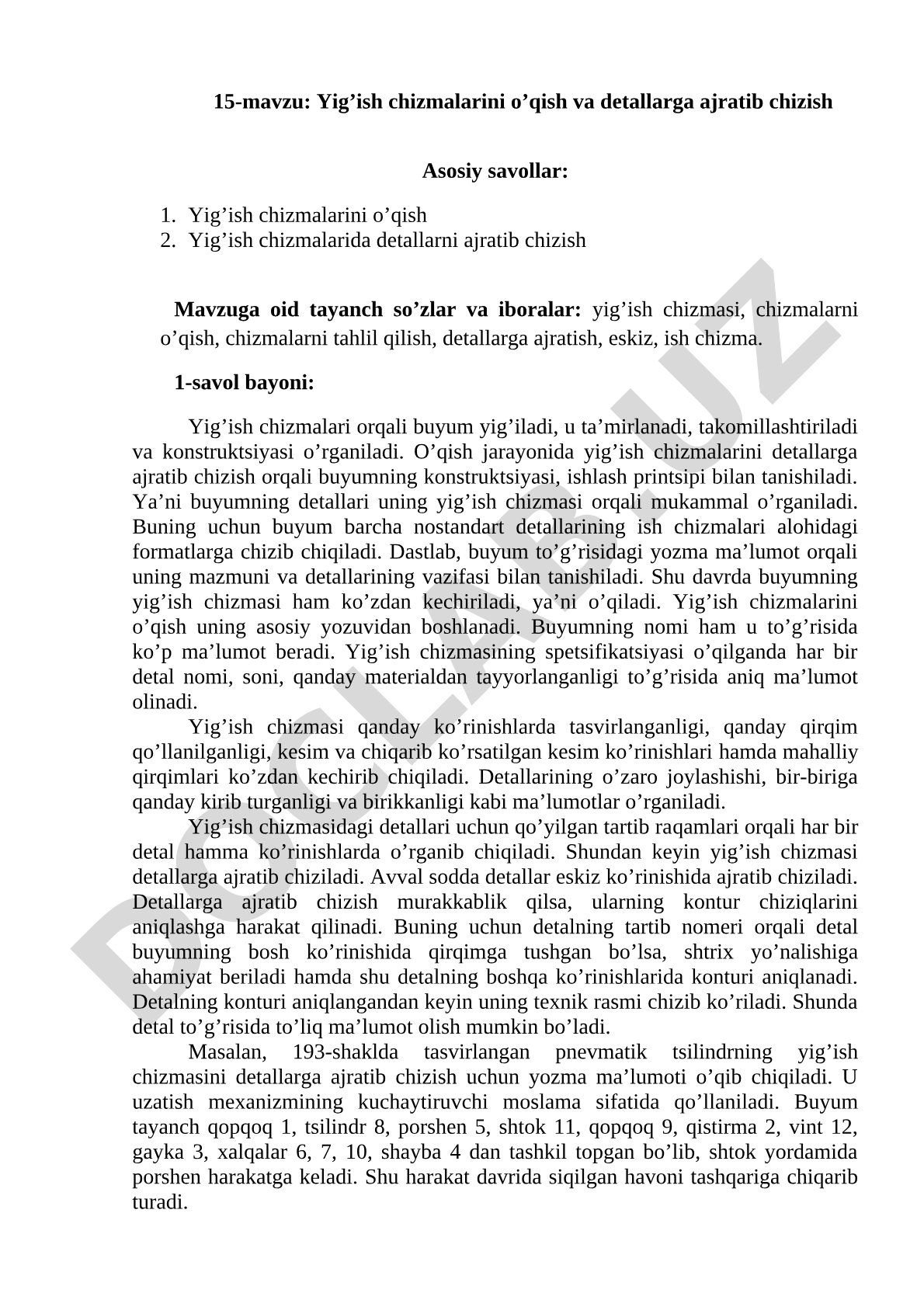 Yig'ish chizmalarini o'qish va detallarga ajratib chizish