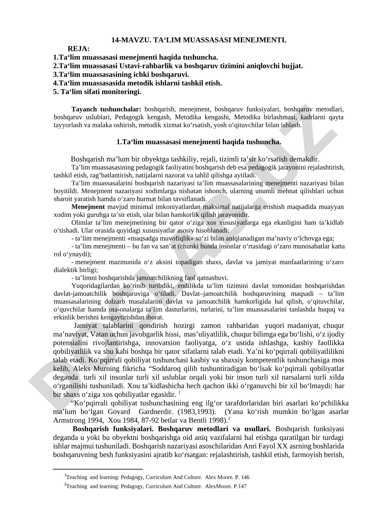 Ta'lim muassasasi menejmenti: tushunchasi, ustav, ichki boshqaruv, metodik ishlar va