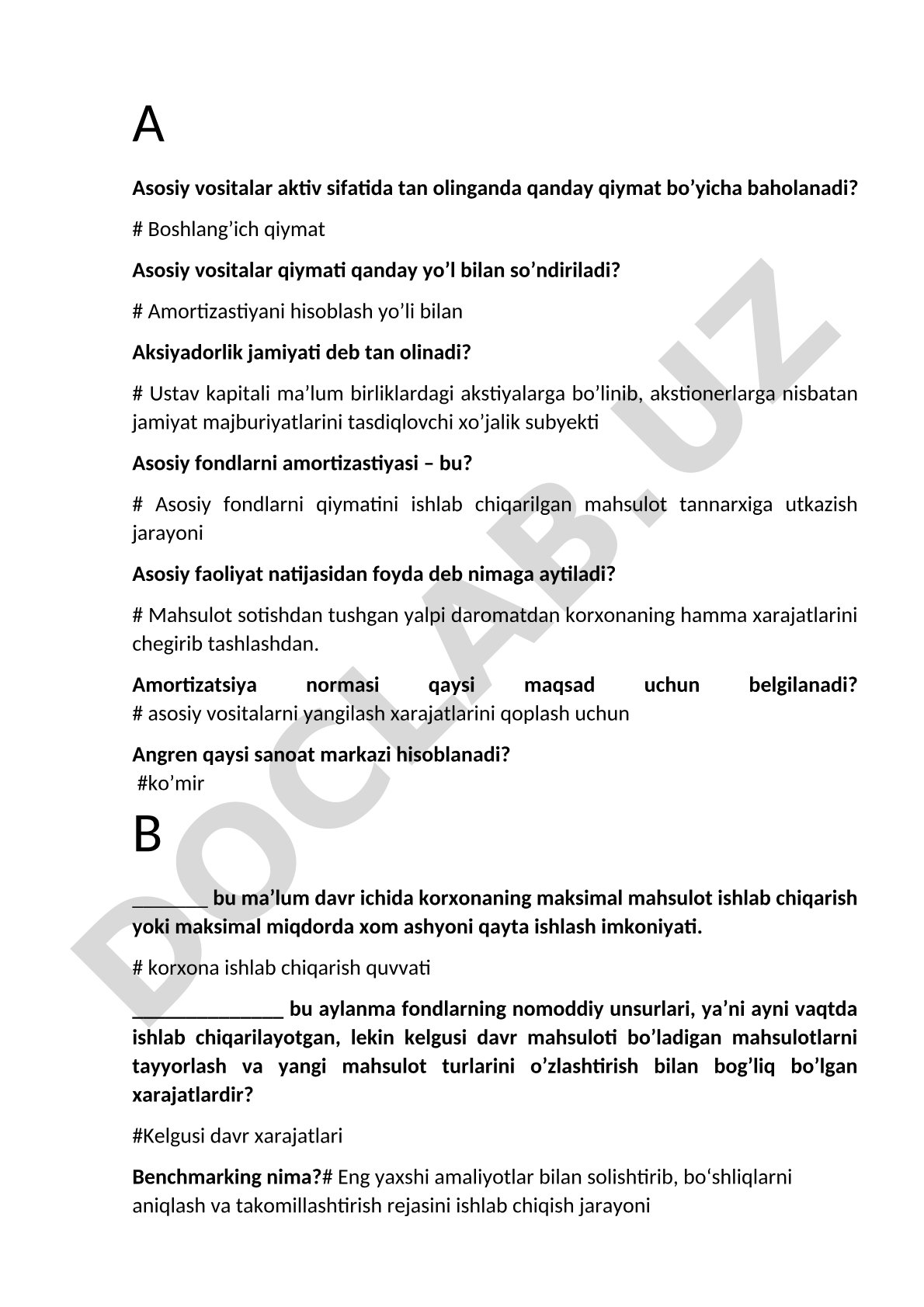 Asosiy vositalar va amortizatsiya test savollari