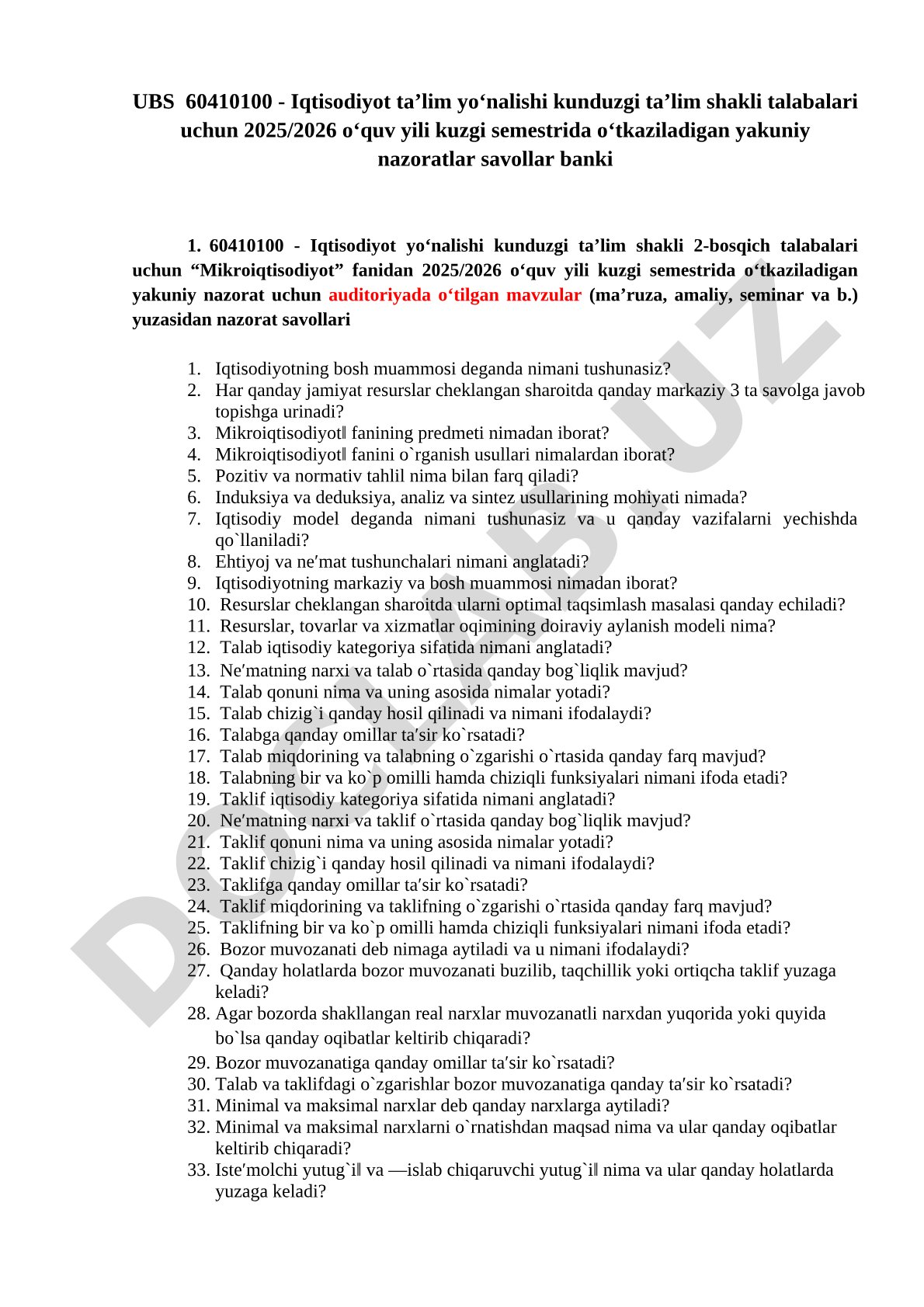 Mikroiqtisodiyot fanidan yakuniy nazorat savollari