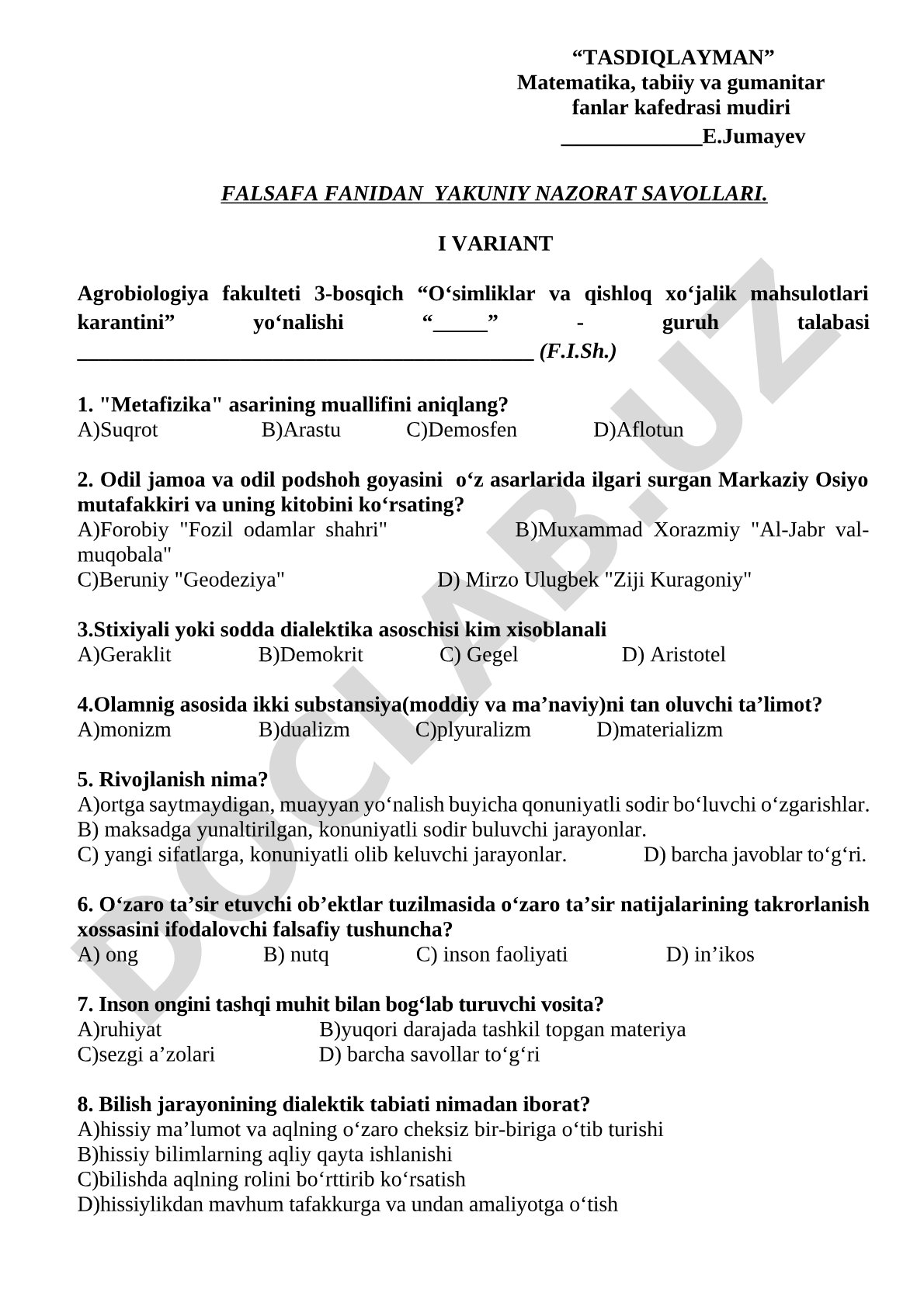 Falsafa fanidan yakuniy nazorat savollari