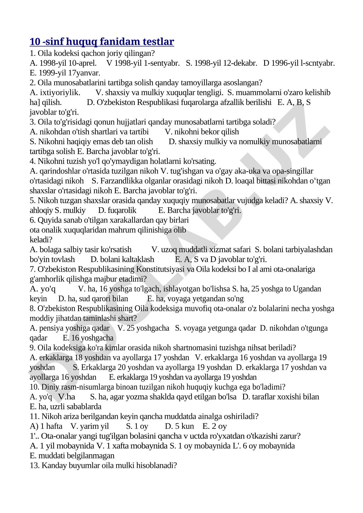 Oila huquqi bo'yicha 10-sinf testlari