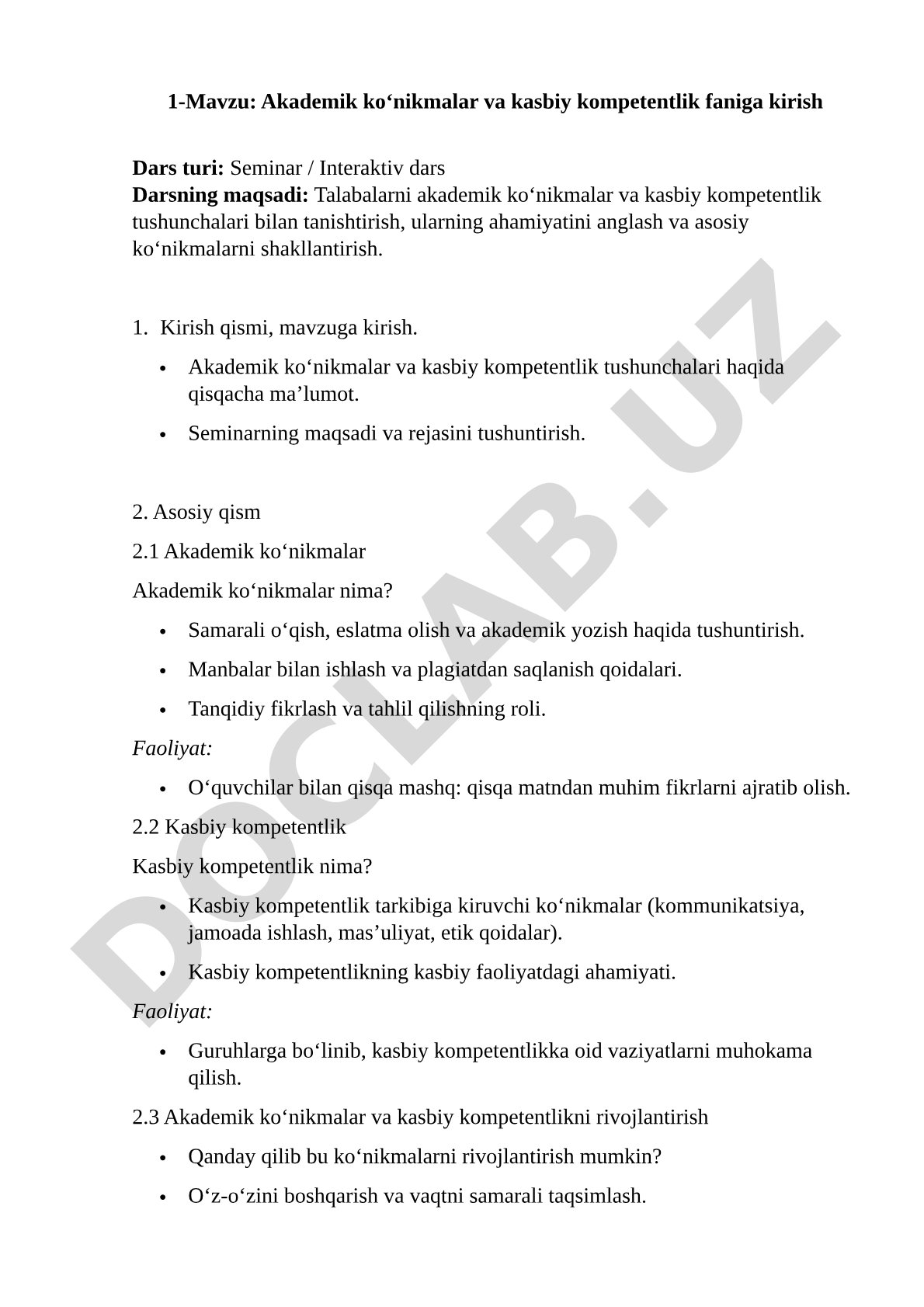 Akademik ko‘nikmalar va kaspiy kompetentlik faniga kirish