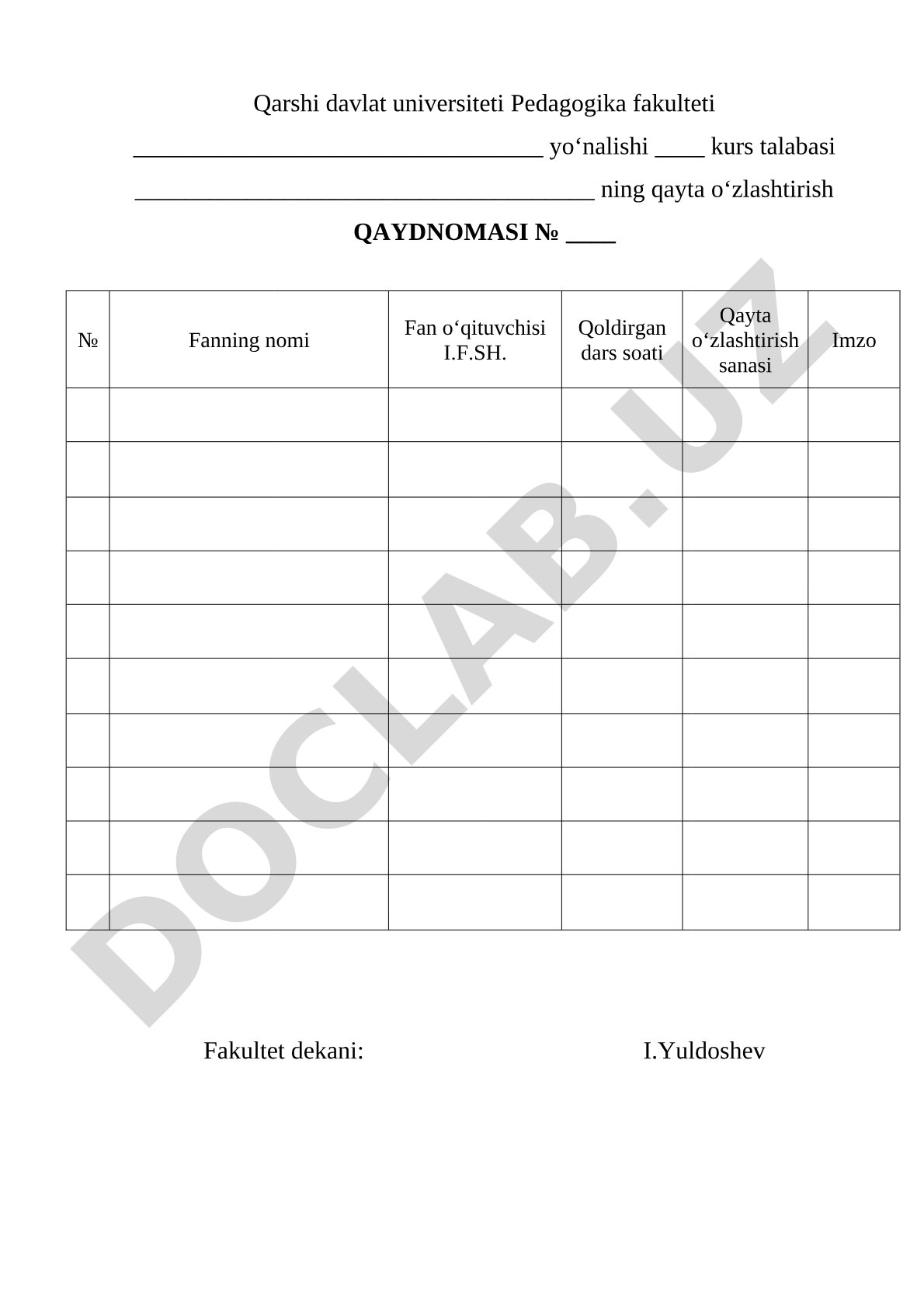 Qayta o‘zlashtirish qaydnomasi