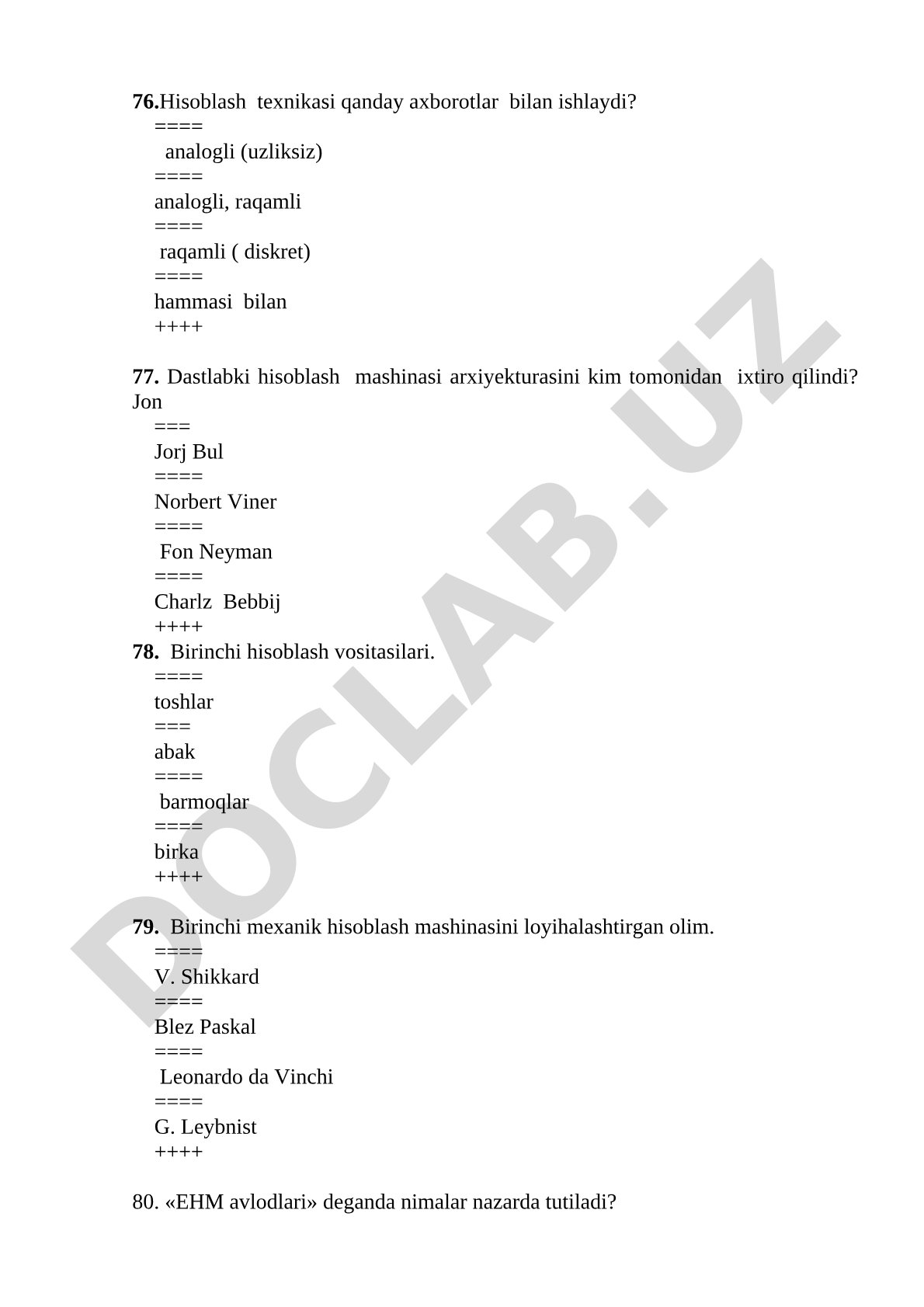 Hisoblash texnikasi tarixi test savollari