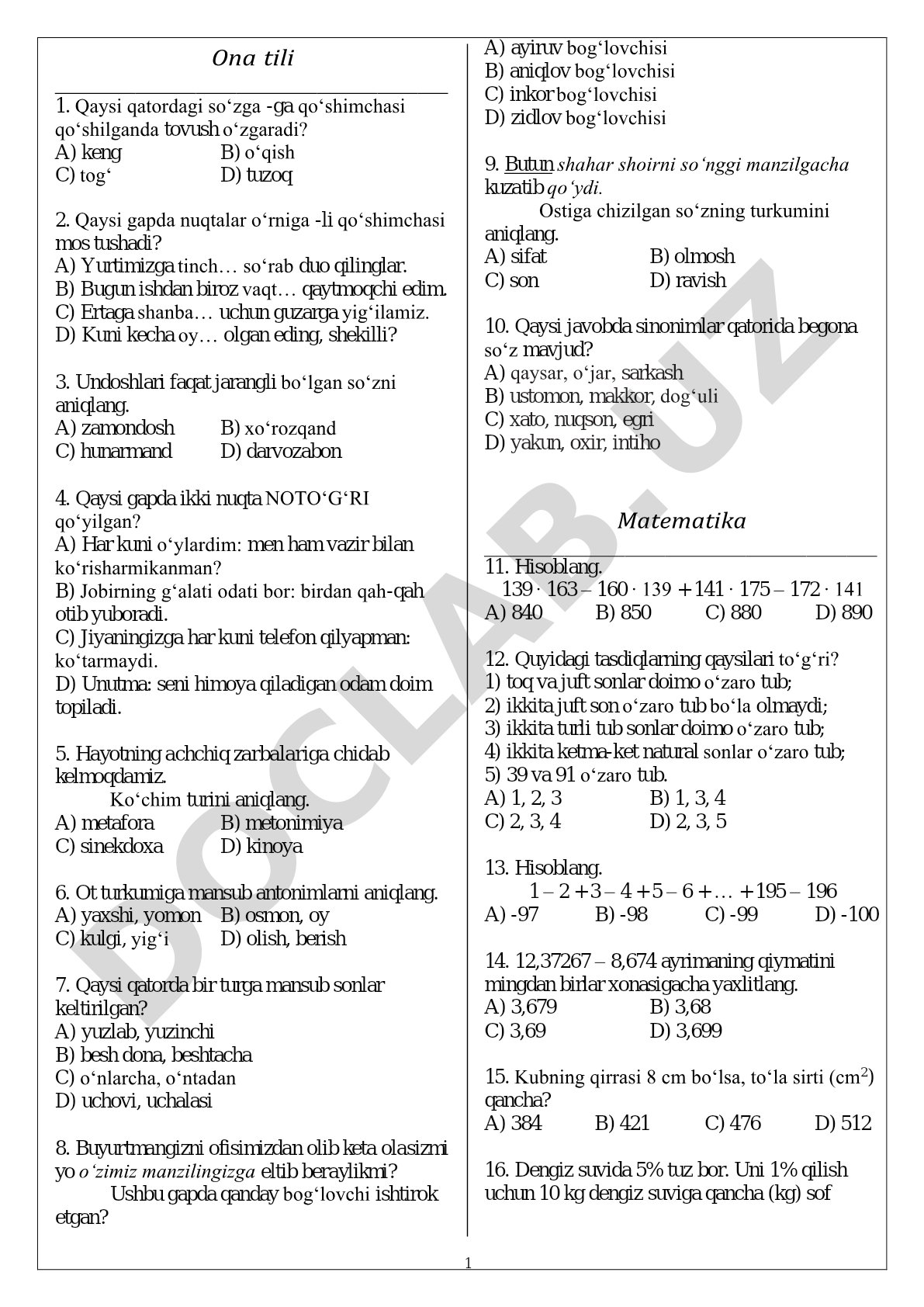 Ona tili fanidan grammatik test savollari