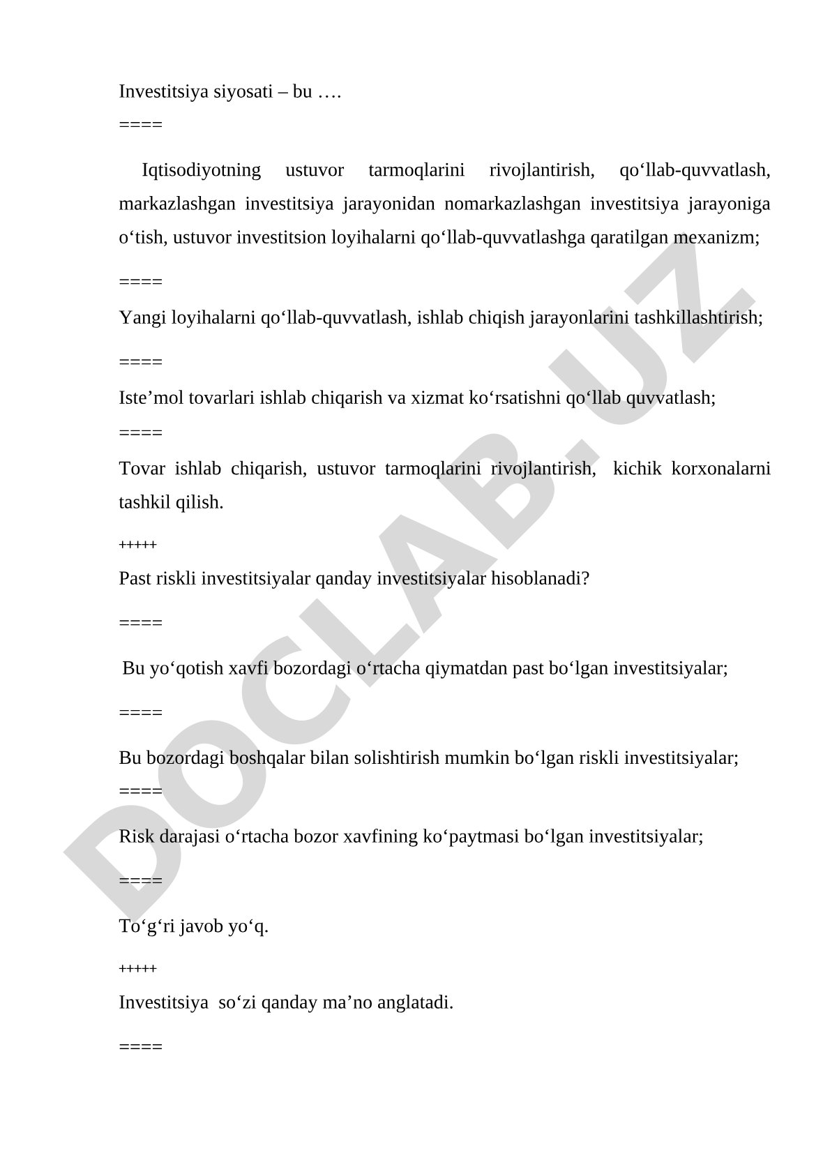 Investitsiya va tadbirkorlik bo'yicha test savollari
