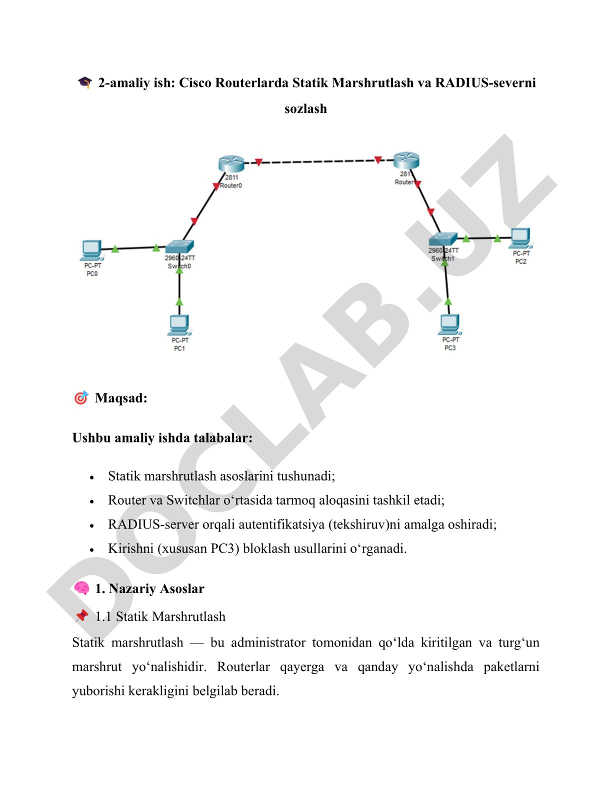 Cisco Routerlarda Statik Marshrutlash va RADIUS-severni sozlash