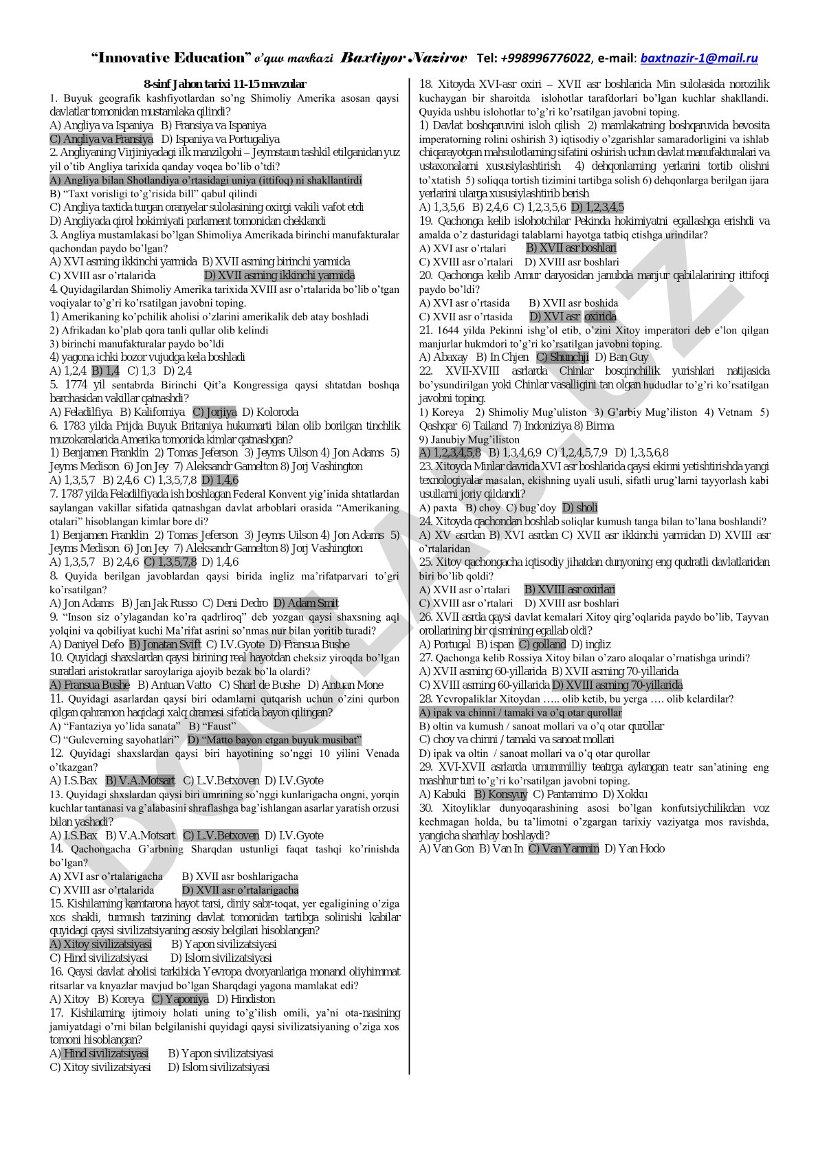 8-sinf Jahon tarixi 11-15 mavzular