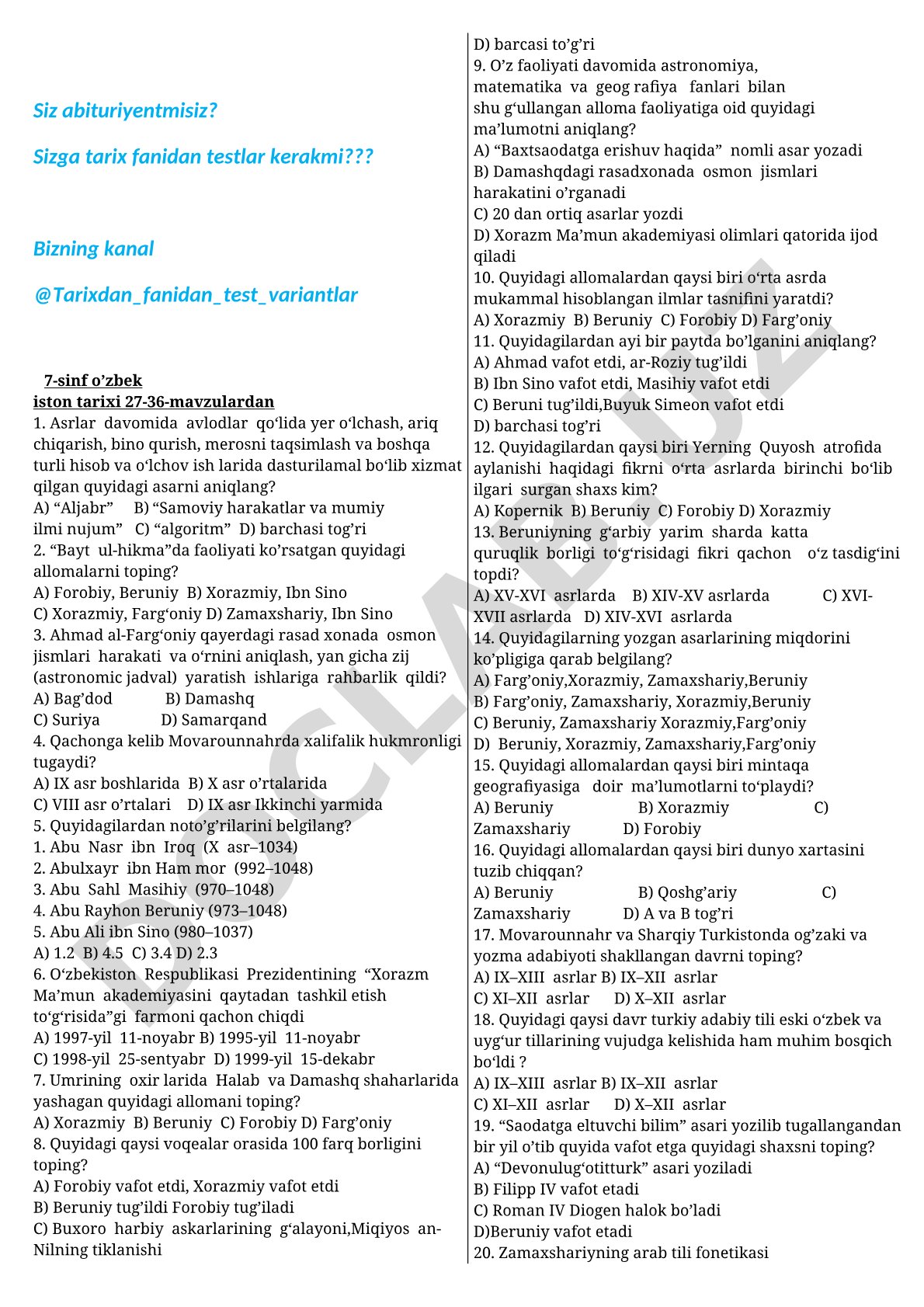 Tarix fanidan test variantlari
