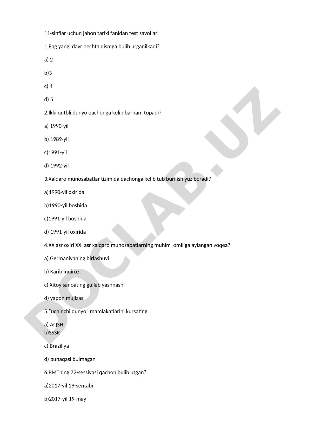11-sinflar uchun jahon tarixi fanidan test savollari