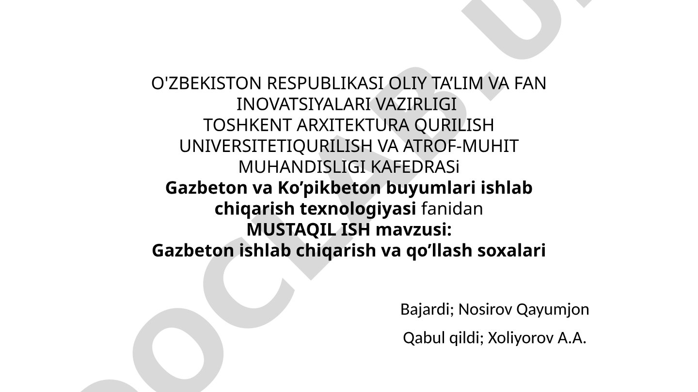 Gazbeton ishlab chiqarish va qo'llash soxalari