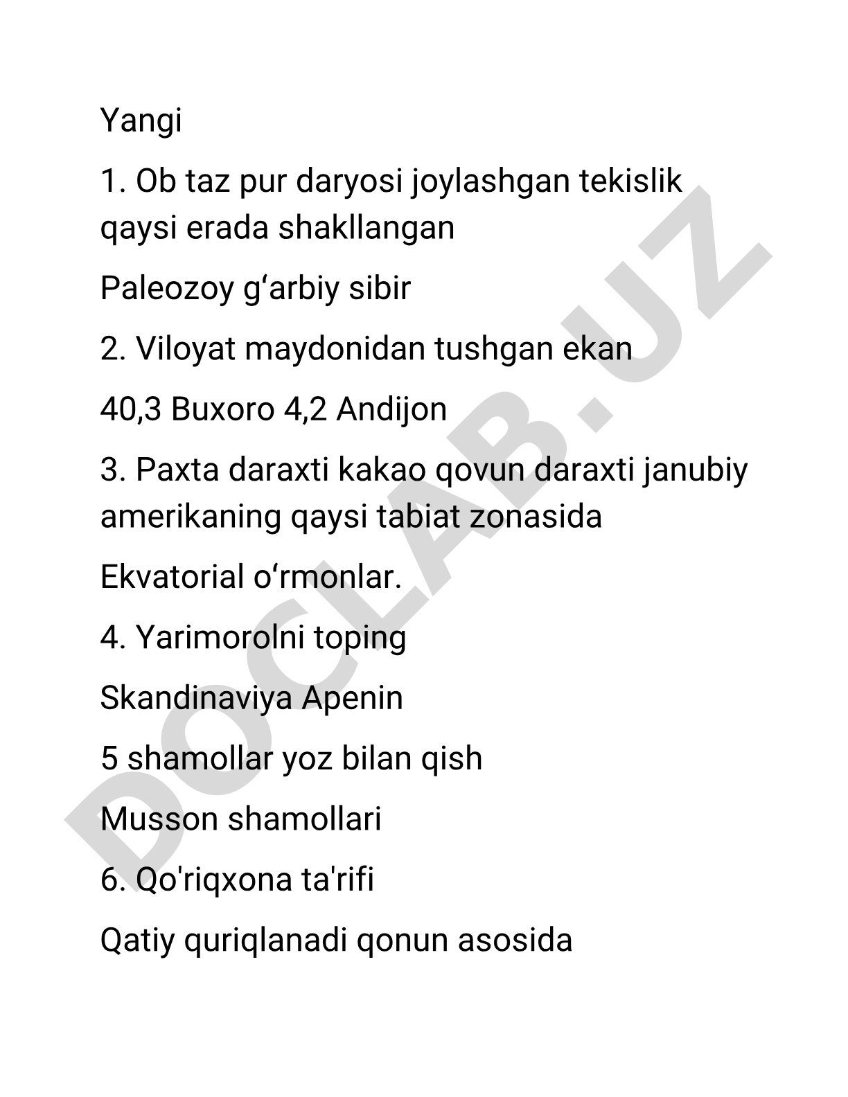 Geografiya fanidan bilimlarni tekshirish savollari
