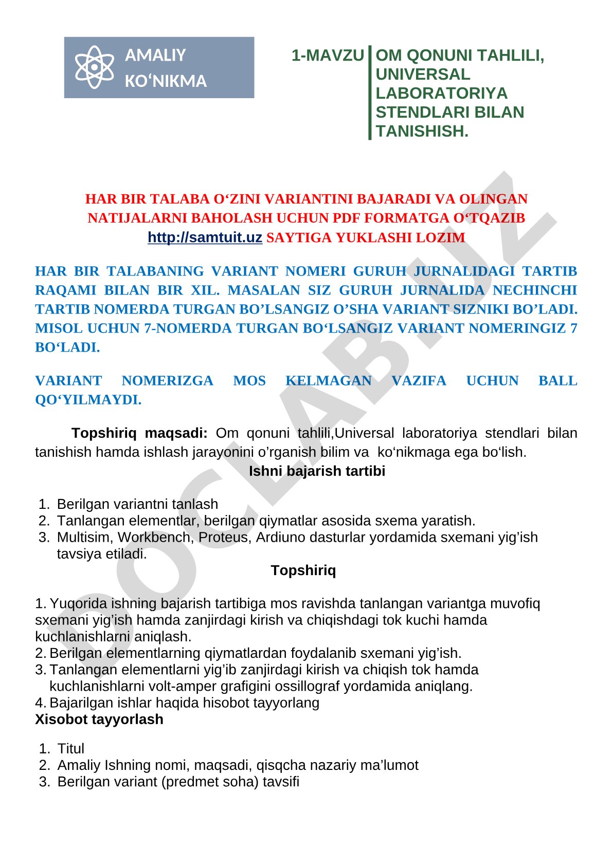 Om qonuni tahlili, universal laboratoriya stendlari bilan tanishish