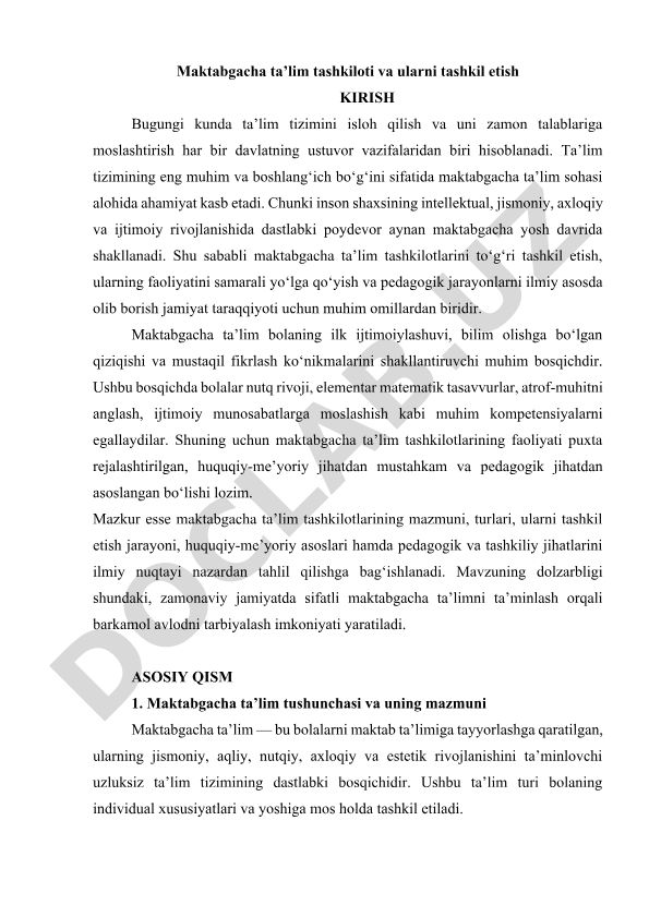 Maktabgacha ta'lim tashkilotlari va ularni tashkil etish