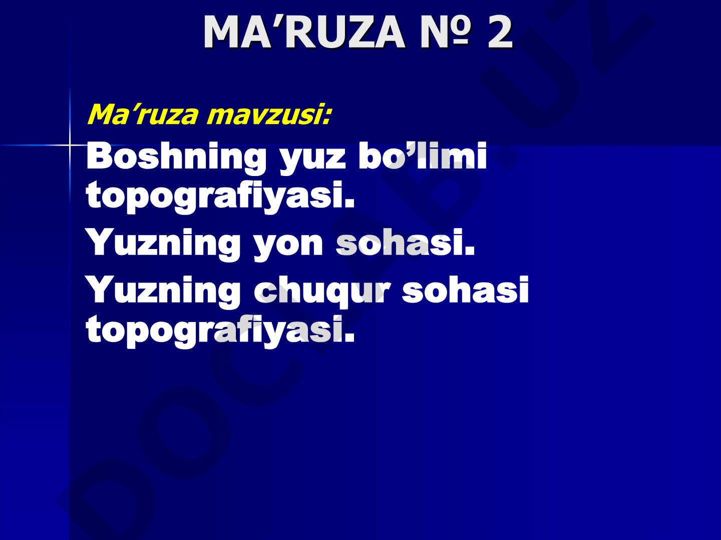 Boshning yuz bo’limi topografiyasi. Yuzning yon sohasi. Yuzning chuqur sohasi topografiyasi.