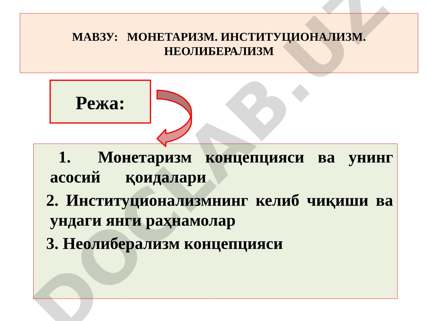 Монетаризм, институционализм ва неолиберализм концепциялари
