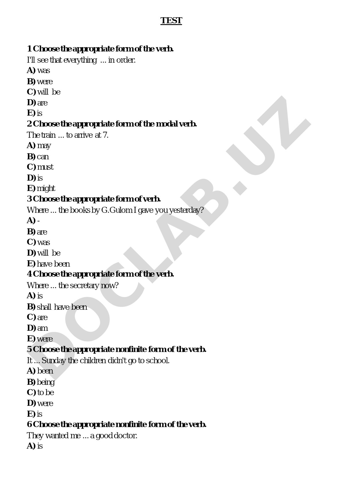 English test on verb to be
